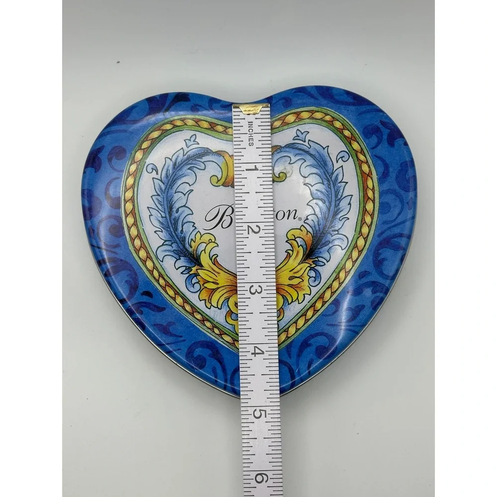 Brighton Heart Shaped Jewelry Tin Blue Yellow Mediterranean Scroll Trinket Box
